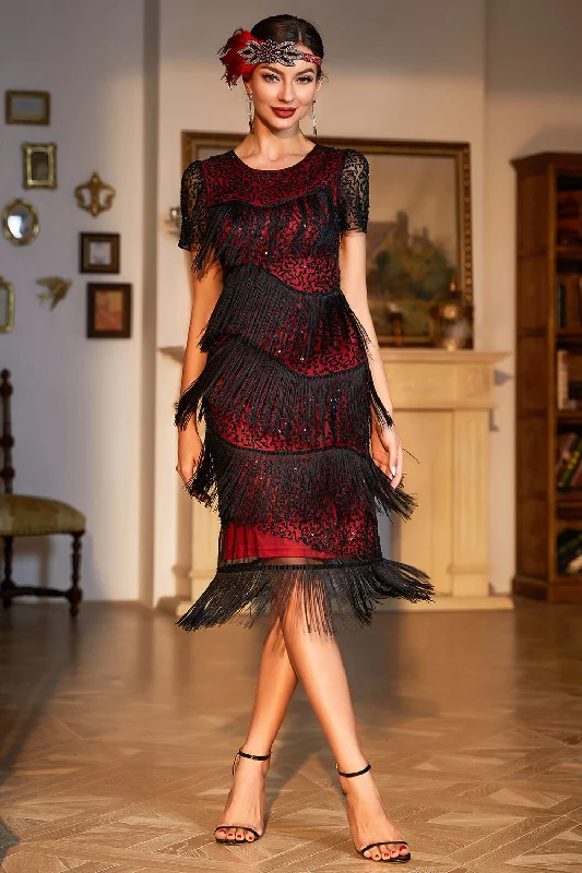 Jewel Neck Black Red Beaded Gatsby Fringed Flapper Dress