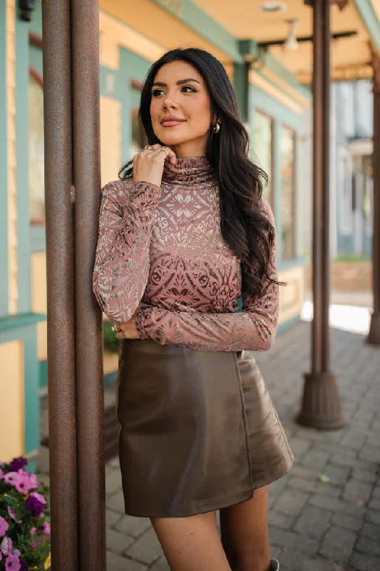 What A Wonderful World Mauve Velvet Printed Turtleneck Blouse