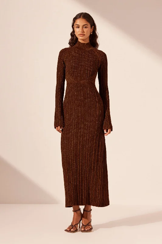 KAMARI LONG SLEEVE CUT OUT MIDI DRESS - BRANDY BROWN