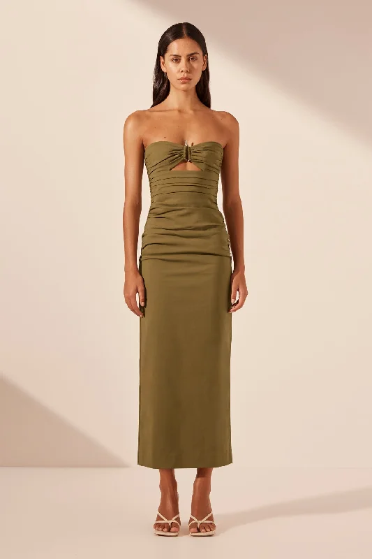 LANI STRAPLESS GATHERED MIDI DRESS - ARMY GREEN