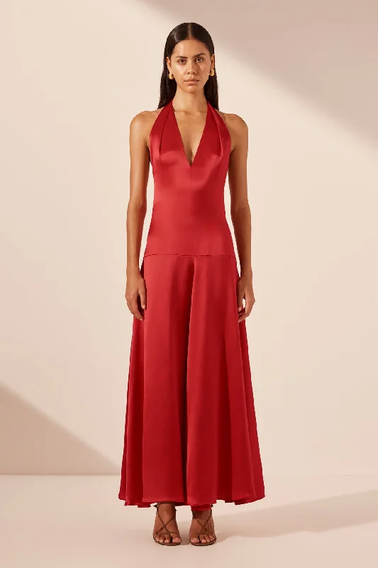 SAVANNA HALTER OPEN BACK MAXI DRESS - CHILLI