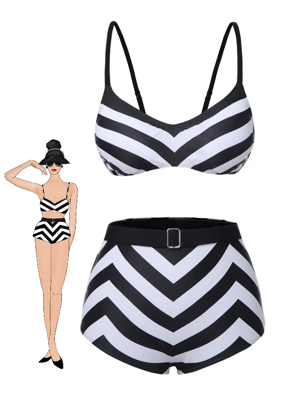 Black 1950s Striped Spaghetti Strap Swimsuit