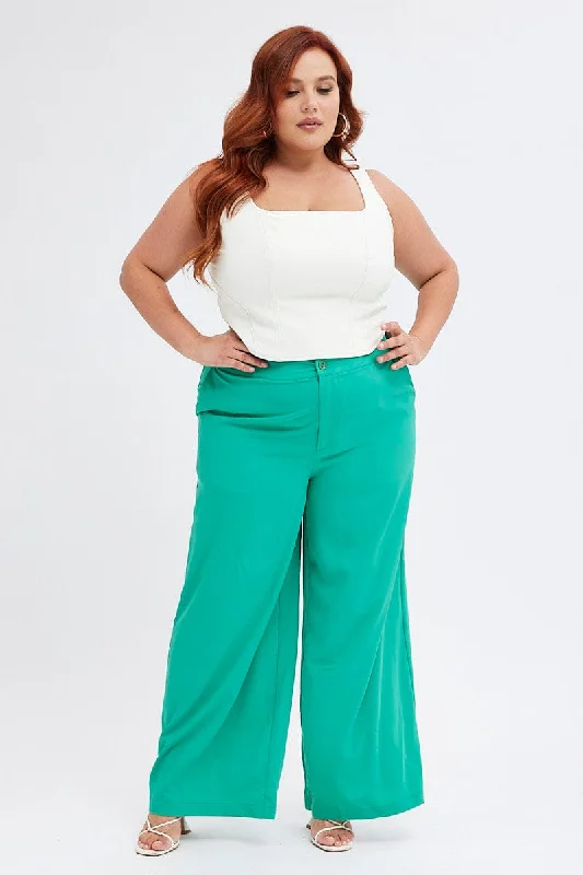 Green Wide Leg Pants Suiting High Waist