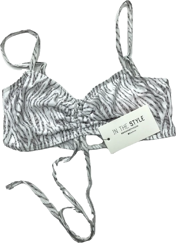 In The Style White Zebra Print Ruched Tie Bikini Top UK 8