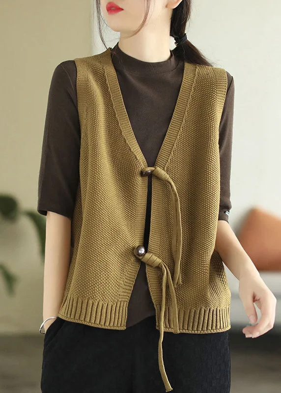 Loose Dark Khaki V Neck Button Knit Waistcoat Sleeveless