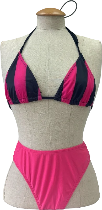 PrettyLittleThing Pink and Black Stripe Bikini Top and Bottoms with Black and Pink Trousers Size UK 10