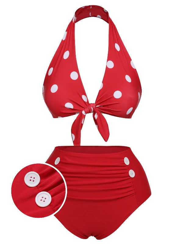 Red 1950s Polka Dot Tie Halter Swimsuit